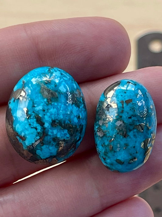 2 Beautiful & Large Turquoise Cabochons with Golden Pyrite Crystals from Kerman Mine, Iran. (#K47)