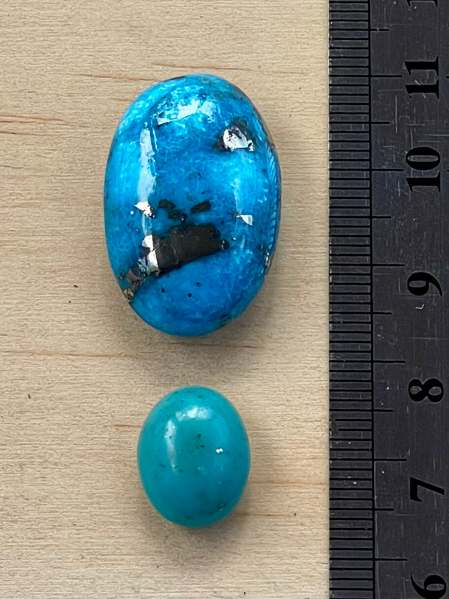 Two Beautiful Turquoise Stones with Pyrite inclusions from Kerman Mine, Iran. (#K50)