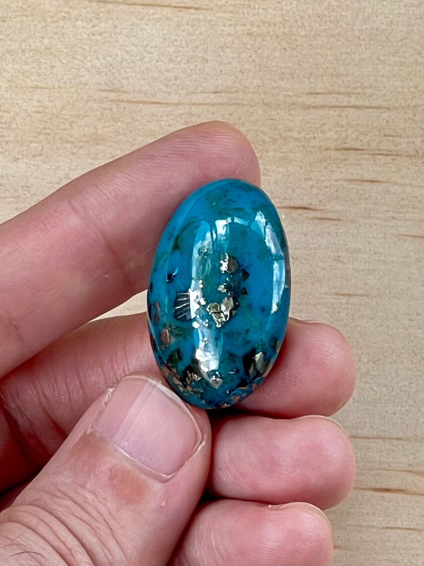 Turquoise Cabochon from Kerman Mine, Iran. With Pyrite Crystals. #K2