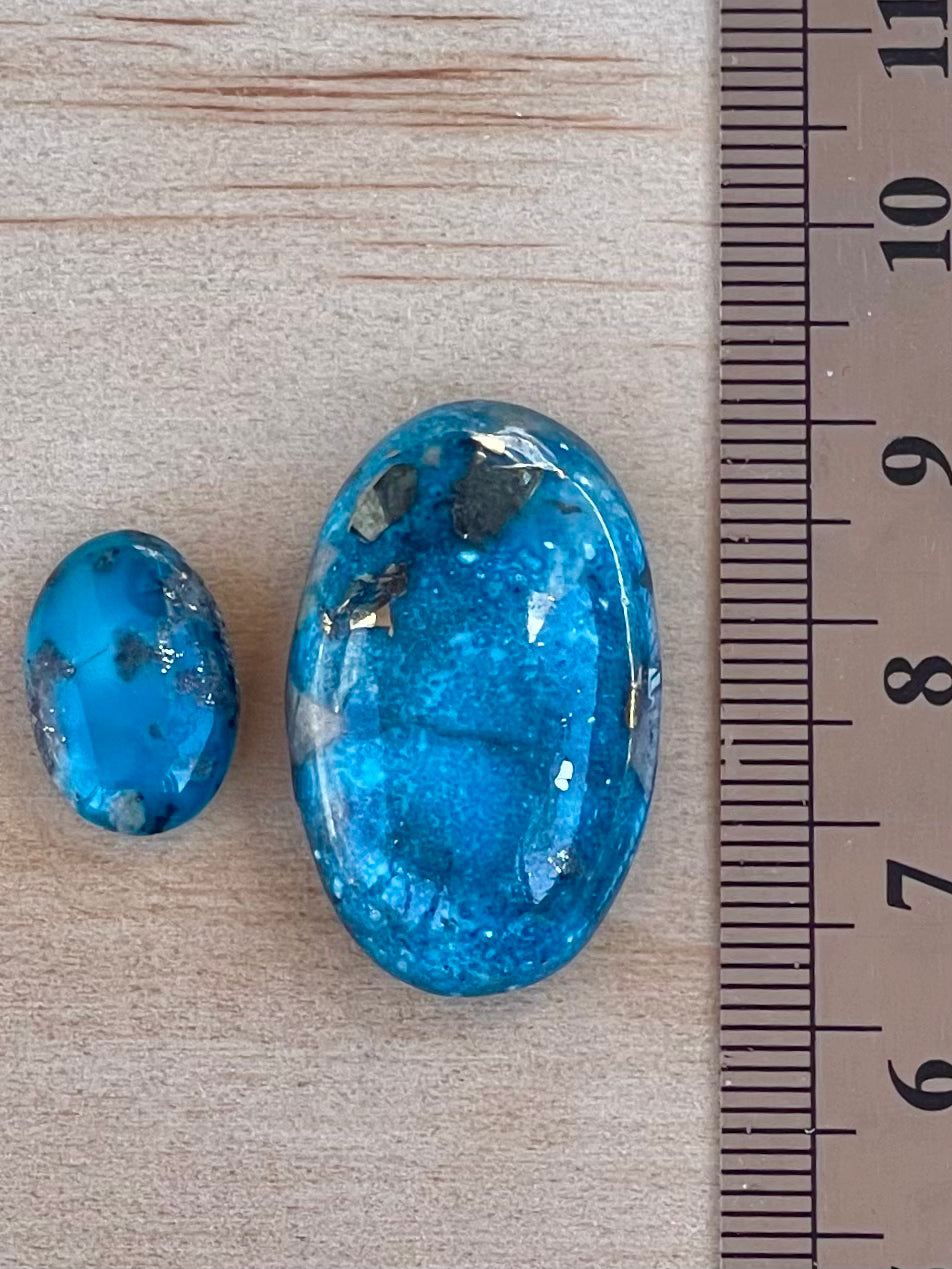 Two Absolutely Amazing Turquoise Stones with Golden Pyrite Crystals from Kerman Mine, Iran. (#K38)