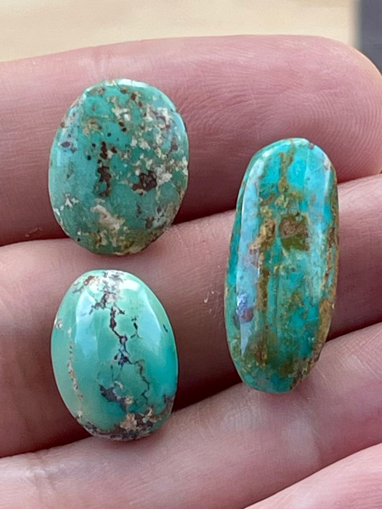 3 Amazing Natural Persian Turquoise Cabochon Stones – Neishabour Mine, Iran, Not-stabilized (#N57)