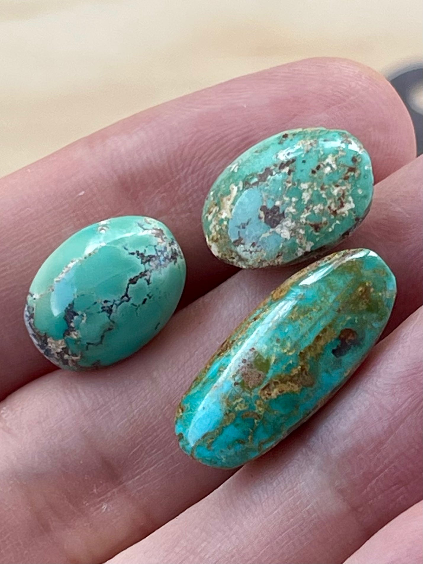 3 Amazing Natural Persian Turquoise Cabochon Stones – Neishabour Mine, Iran, Not-stabilized (#N57)