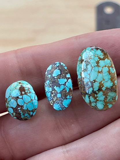 3 Rare Natural Spiderweb Persian Turquoise Stones, Pyrite Inclusion – Neishabour Mine, Iran, Not-stabilized (#N58)