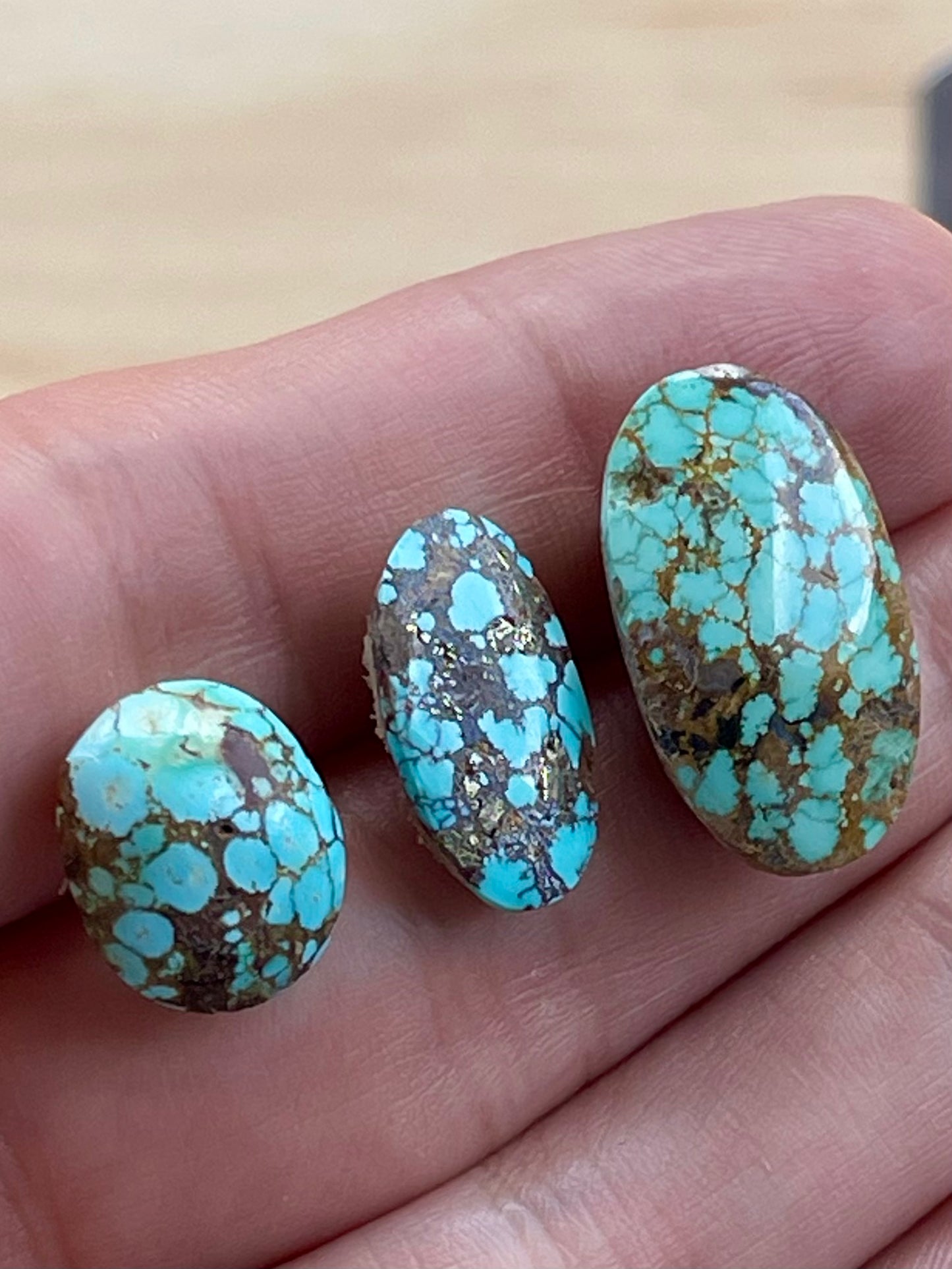 3 Rare Natural Spiderweb Persian Turquoise Stones, Pyrite Inclusion – Neishabour Mine, Iran, Not-stabilized (#N58)