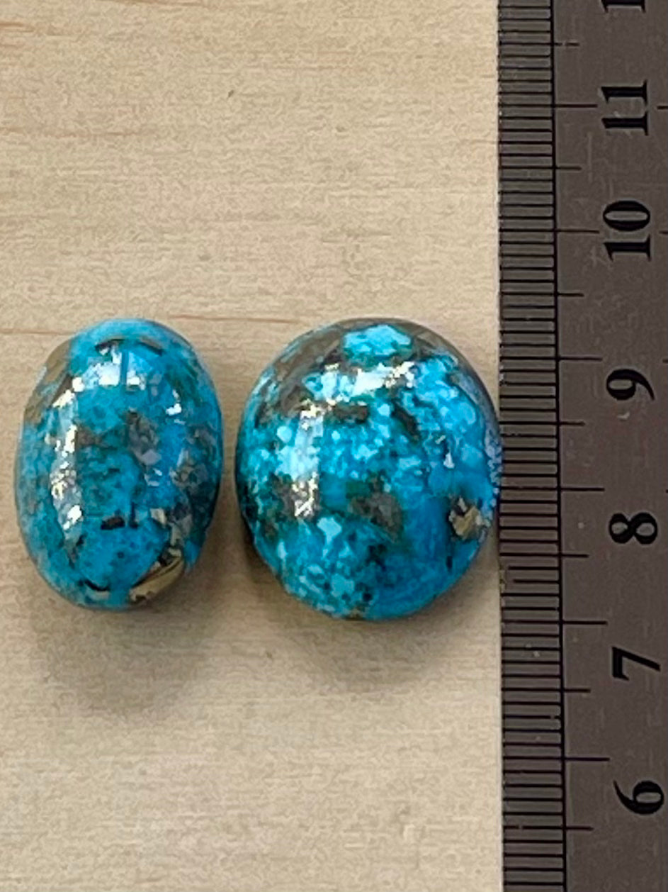 2 Beautiful & Large Turquoise Cabochons with Golden Pyrite Crystals from Kerman Mine, Iran. (#K47)