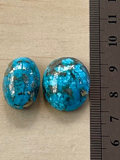 2 Beautiful & Large Turquoise Cabochons with Golden Pyrite Crystals from Kerman Mine, Iran. (#K47)