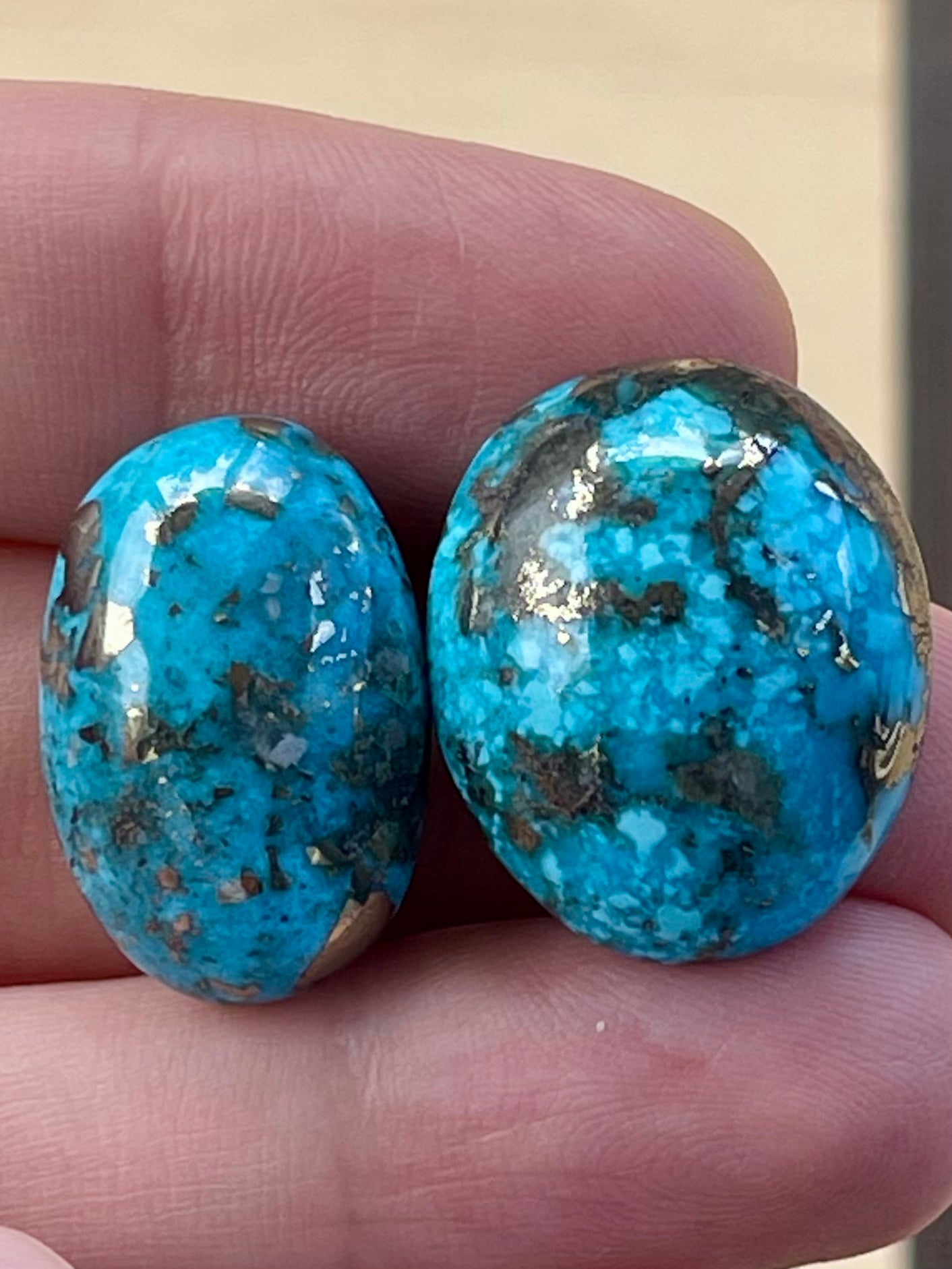 2 Beautiful & Large Turquoise Cabochons with Golden Pyrite Crystals from Kerman Mine, Iran. (#K47)