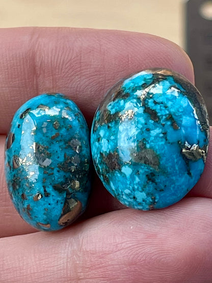 2 Beautiful & Large Turquoise Cabochons with Golden Pyrite Crystals from Kerman Mine, Iran. (#K47)