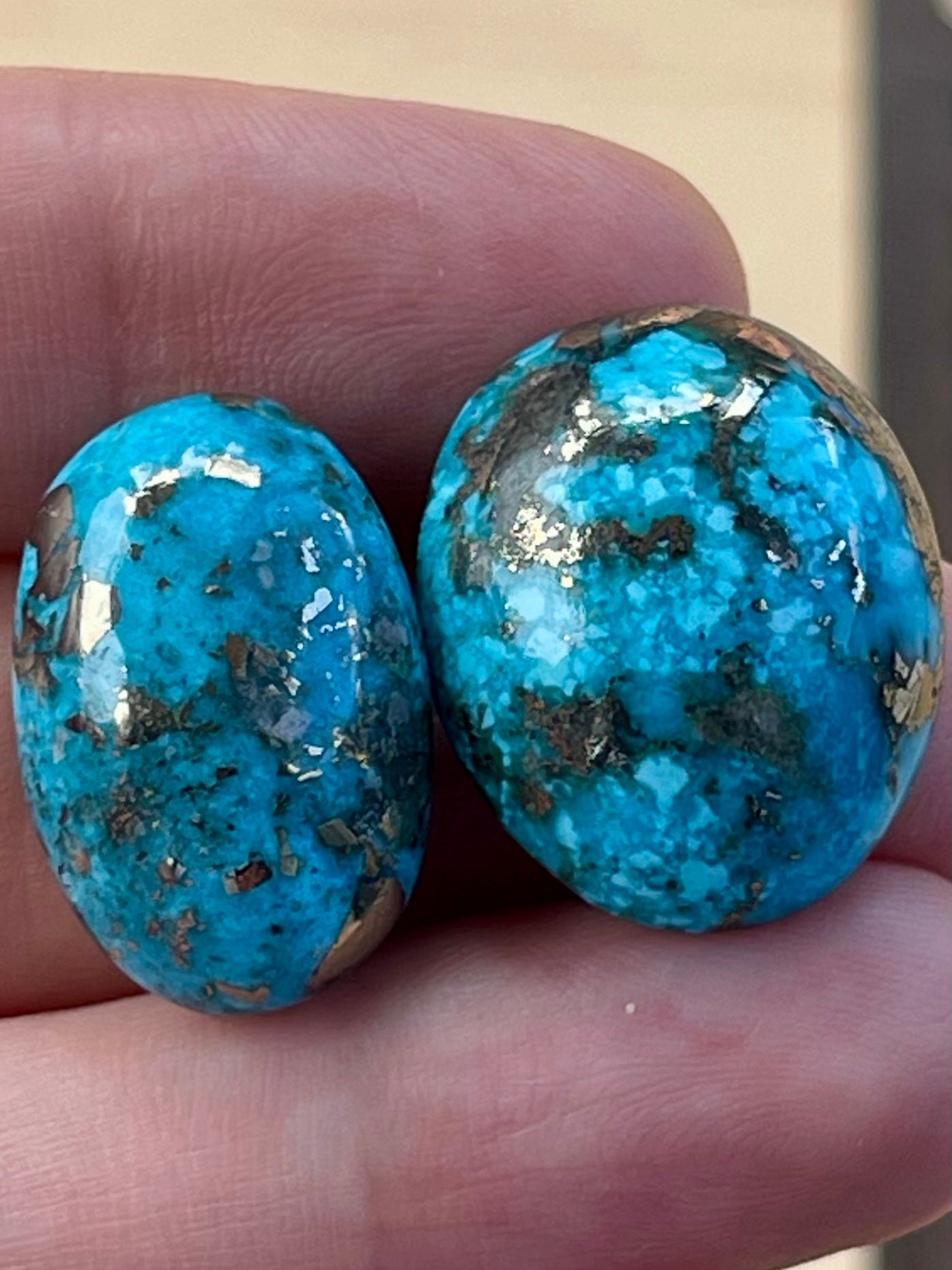 2 Beautiful & Large Turquoise Cabochons with Golden Pyrite Crystals from Kerman Mine, Iran. (#K47)