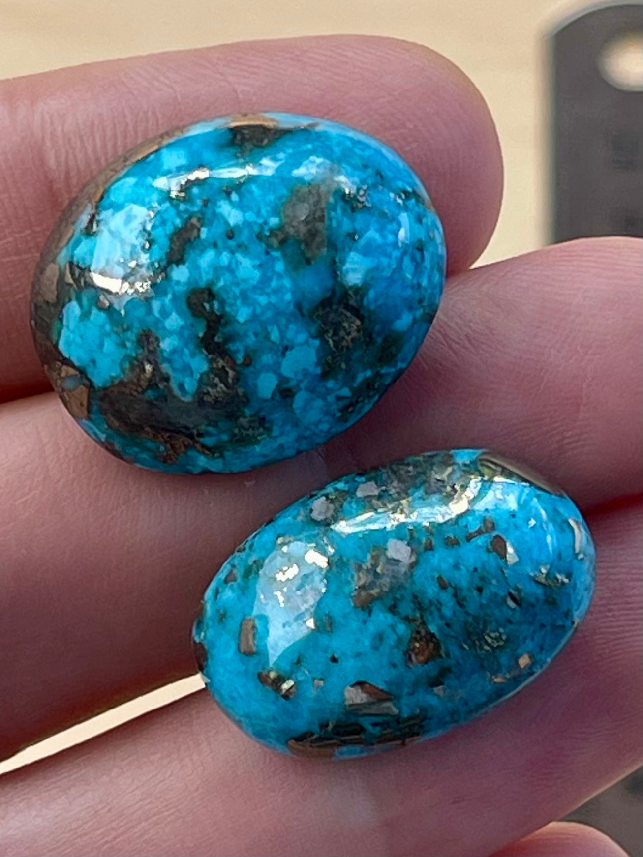 2 Beautiful & Large Turquoise Cabochons with Golden Pyrite Crystals from Kerman Mine, Iran. (#K47)