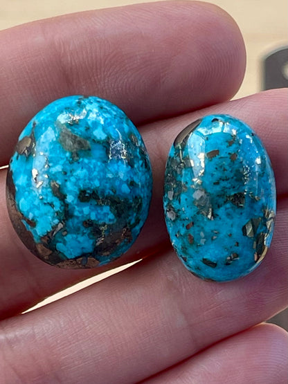 2 Beautiful & Large Turquoise Cabochons with Golden Pyrite Crystals from Kerman Mine, Iran. (#K47)