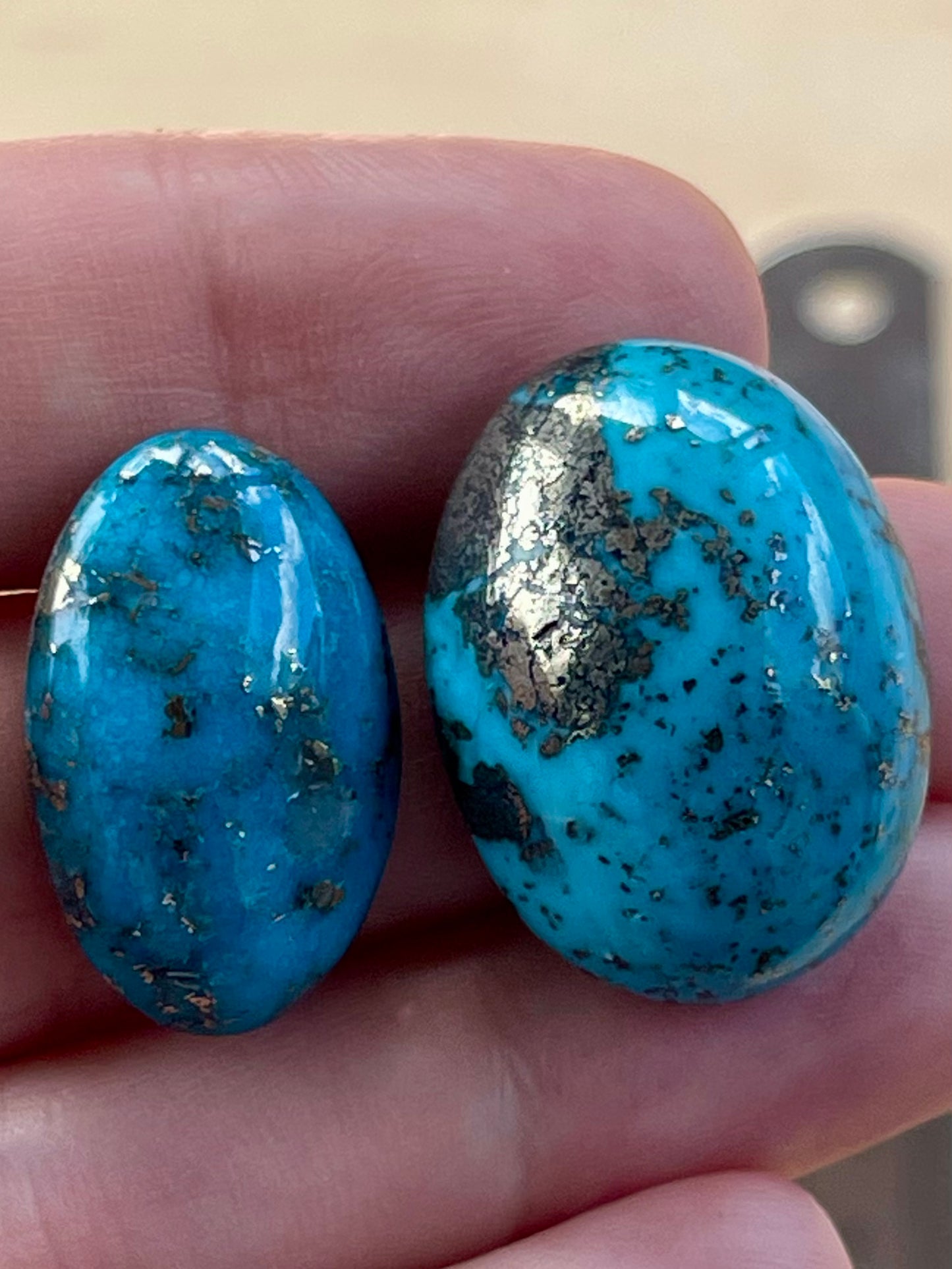 ✨ 2 Stunning Iranian Turquoise Cabochons – With Golden Pyrite - Kerman Mine ✨ (#K48)