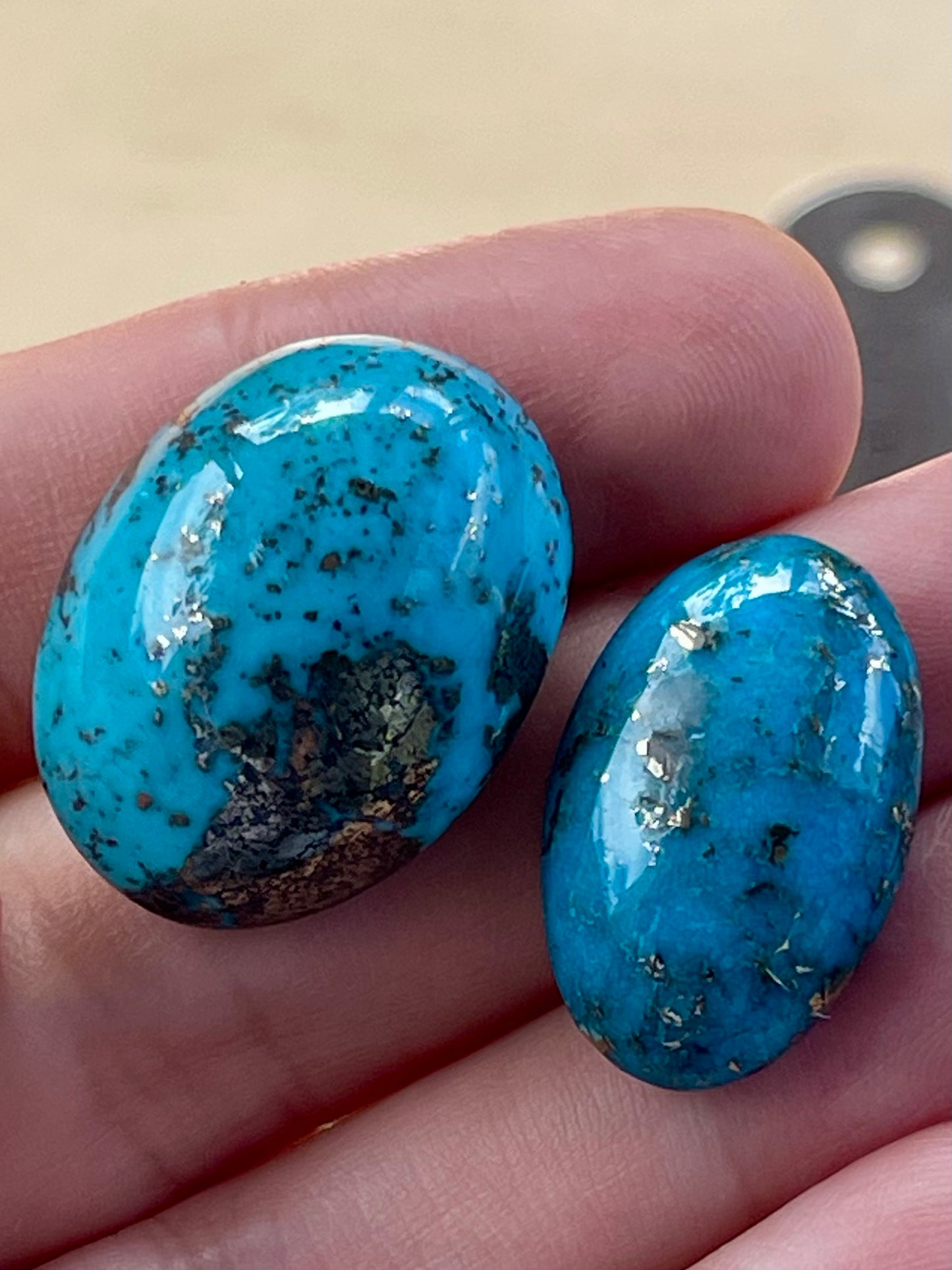 ✨ 2 Stunning Iranian Turquoise Cabochons – With Golden Pyrite - Kerman Mine ✨ (#K48)