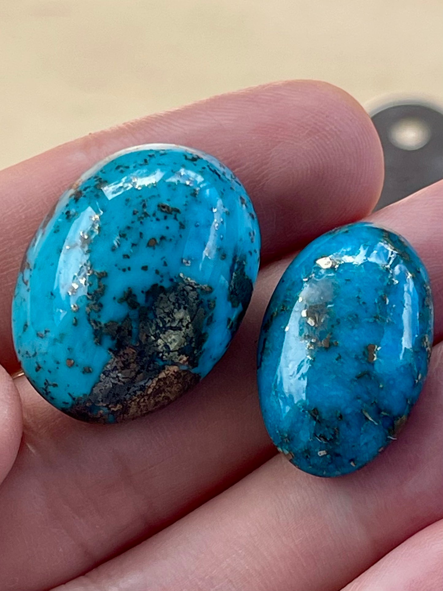 ✨ 2 Stunning Iranian Turquoise Cabochons – With Golden Pyrite - Kerman Mine ✨ (#K48)