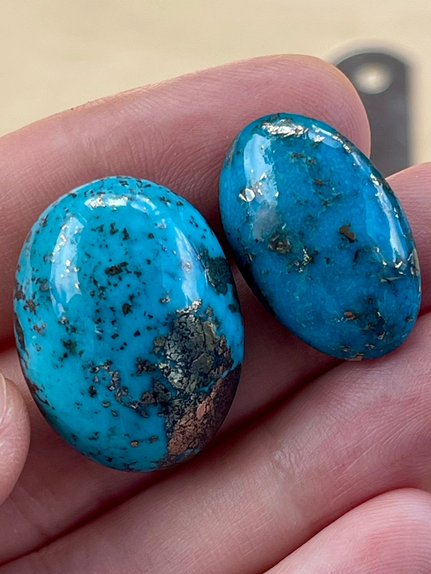✨ 2 Stunning Iranian Turquoise Cabochons – With Golden Pyrite - Kerman Mine ✨ (#K48)