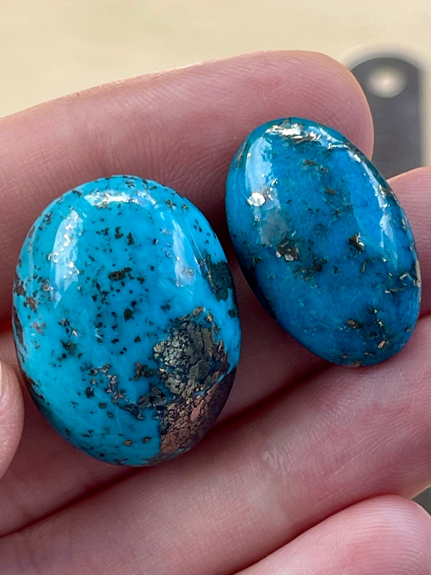 ✨ 2 Stunning Iranian Turquoise Cabochons – With Golden Pyrite - Kerman Mine ✨ (#K48)