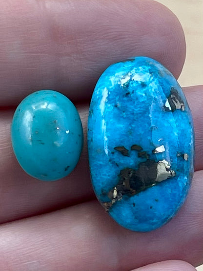 Two Beautiful Turquoise Stones with Pyrite inclusions from Kerman Mine, Iran. (#K50)