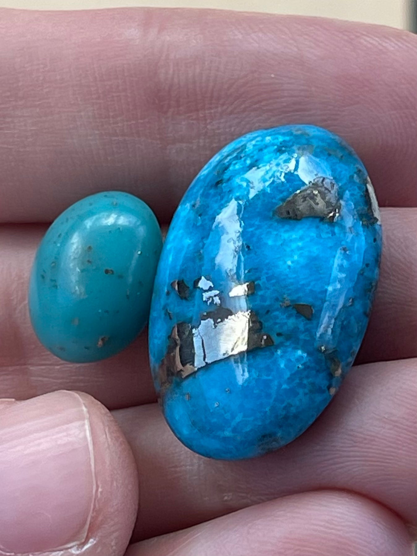 Two Beautiful Turquoise Stones with Pyrite inclusions from Kerman Mine, Iran. (#K50)