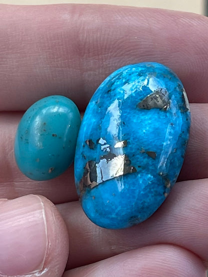 Two Beautiful Turquoise Stones with Pyrite inclusions from Kerman Mine, Iran. (#K50)