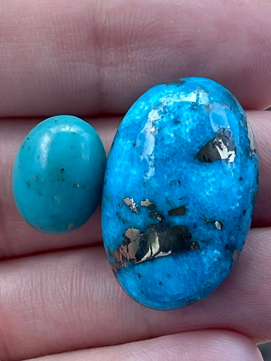 Two Beautiful Turquoise Stones with Pyrite inclusions from Kerman Mine, Iran. (#K50)