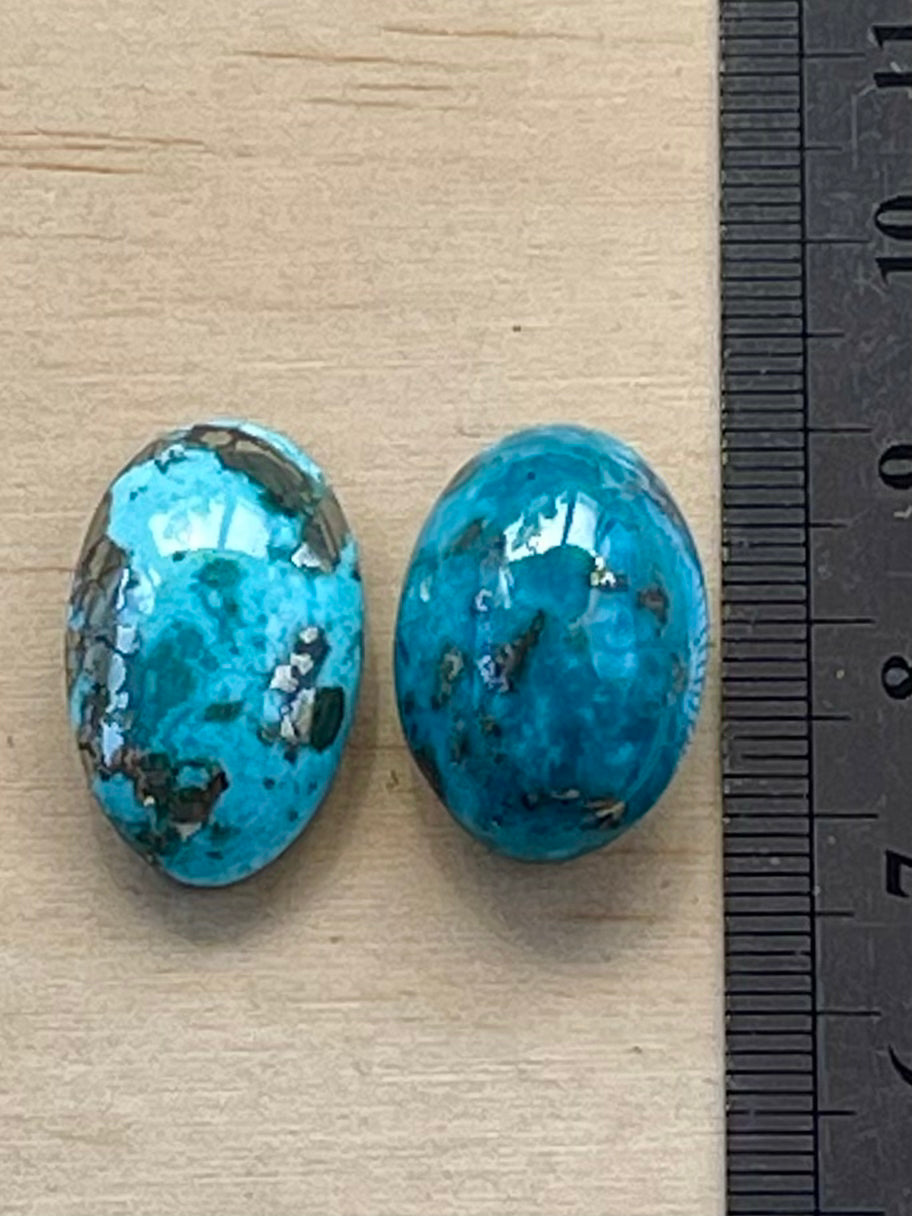 2 Beautiful & Large Turquoise Cabochons with Golden Pyrite Crystals from Kerman Mine, Iran. (#K52)