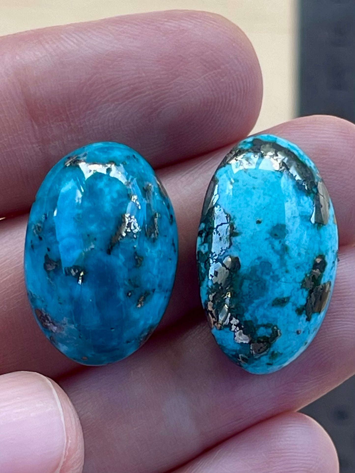 2 Beautiful & Large Turquoise Cabochons with Golden Pyrite Crystals from Kerman Mine, Iran. (#K52)