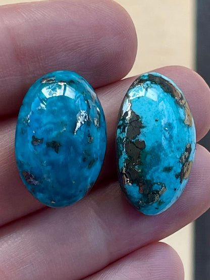 2 Beautiful & Large Turquoise Cabochons with Golden Pyrite Crystals from Kerman Mine, Iran. (#K52)