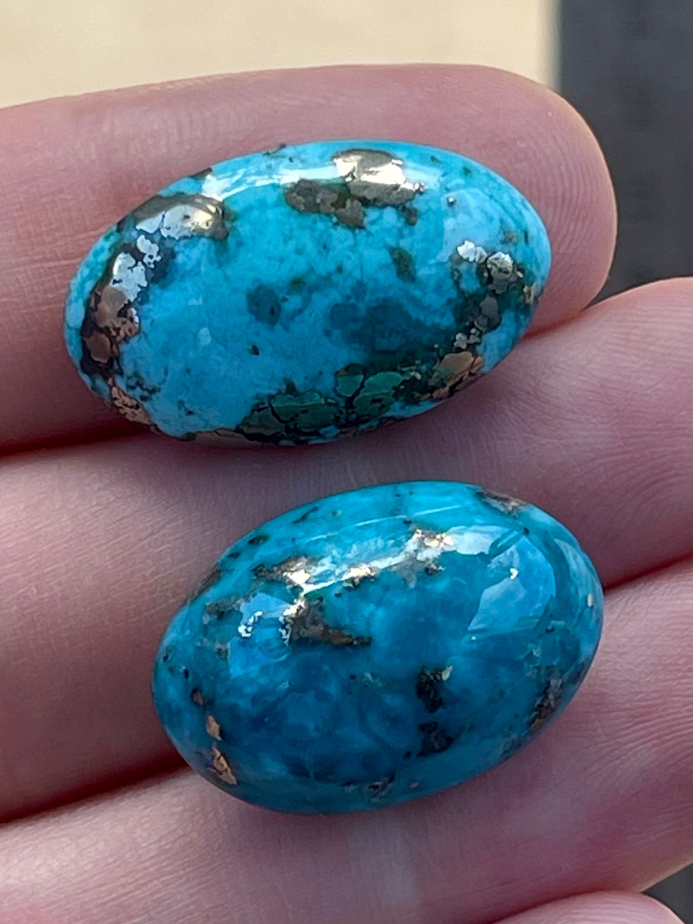 2 Beautiful & Large Turquoise Cabochons with Golden Pyrite Crystals from Kerman Mine, Iran. (#K52)