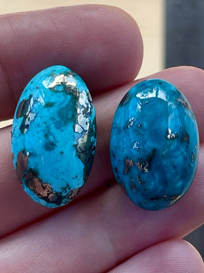 2 Beautiful & Large Turquoise Cabochons with Golden Pyrite Crystals from Kerman Mine, Iran. (#K52)
