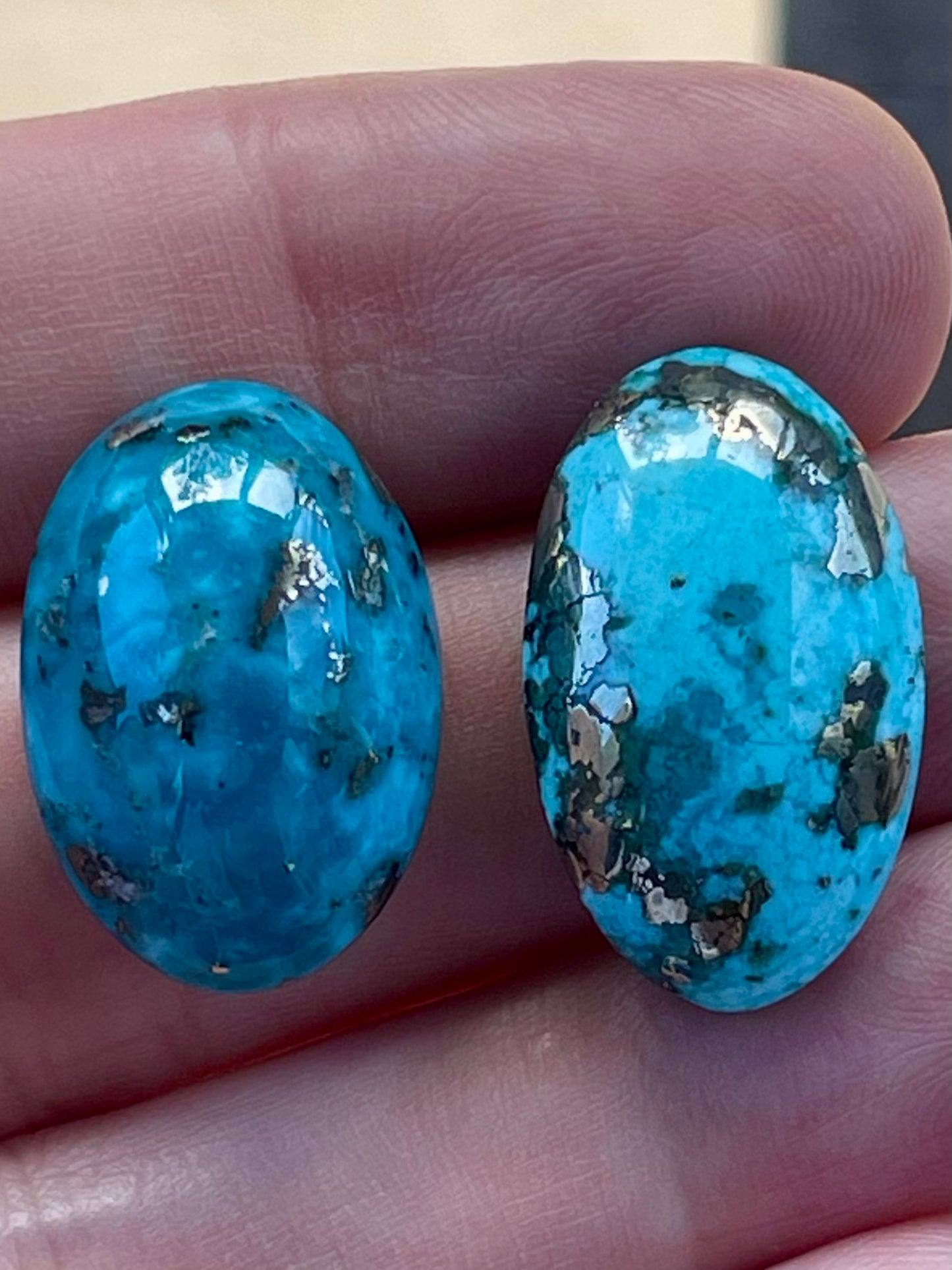 2 Beautiful & Large Turquoise Cabochons with Golden Pyrite Crystals from Kerman Mine, Iran. (#K52)
