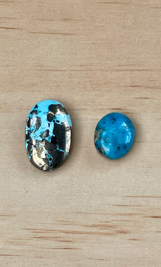 Two Turquoise Cabochon Loose Stones from Kerman Mine, Iran. With Pyrite Crystals. #K5