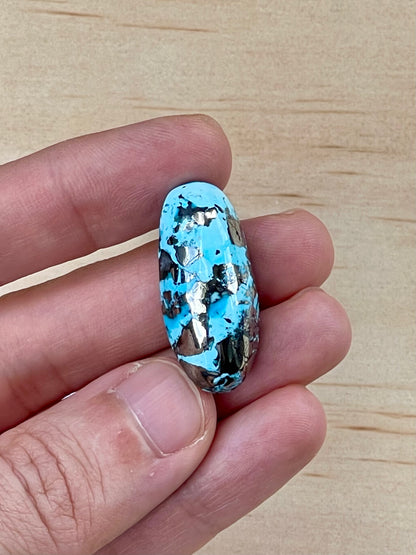 Turquoise Cabochon from Kerman Mine, Iran. With Pyrite Crystals. #K1