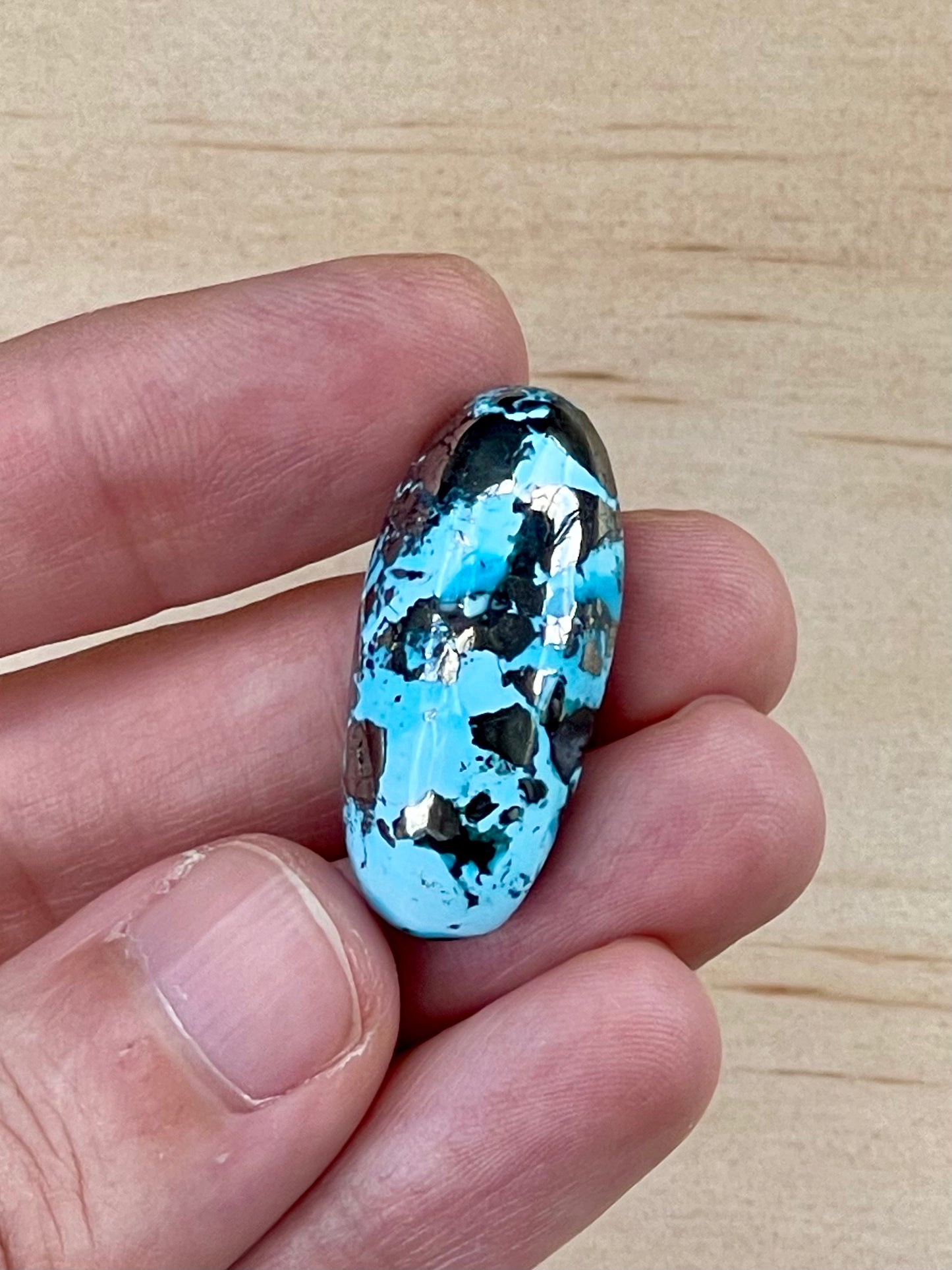 Turquoise Cabochon from Kerman Mine, Iran. With Pyrite Crystals. #K1