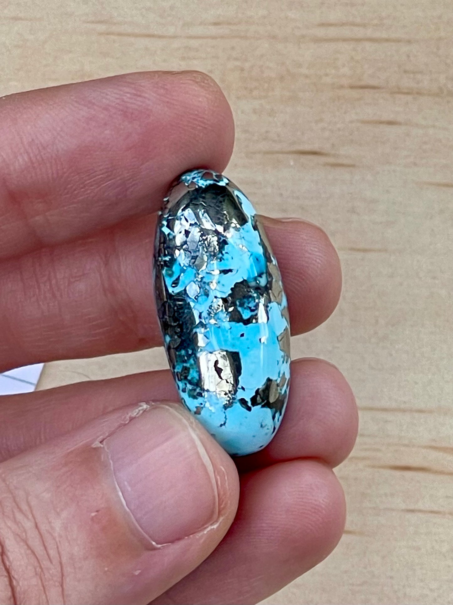 Turquoise Cabochon from Kerman Mine, Iran. With Pyrite Crystals. #K1