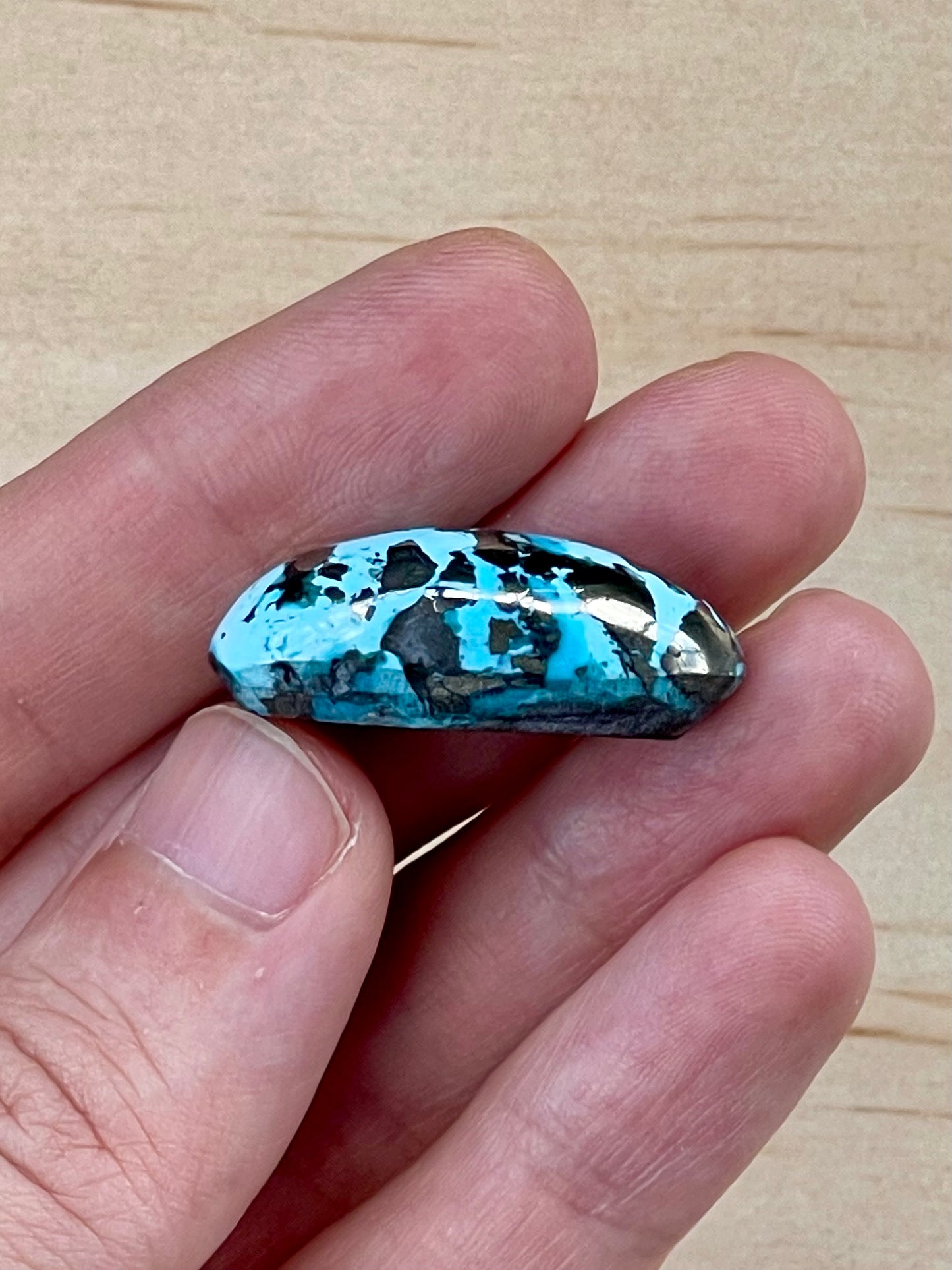 Turquoise Cabochon from Kerman Mine, Iran. With Pyrite Crystals. #K1