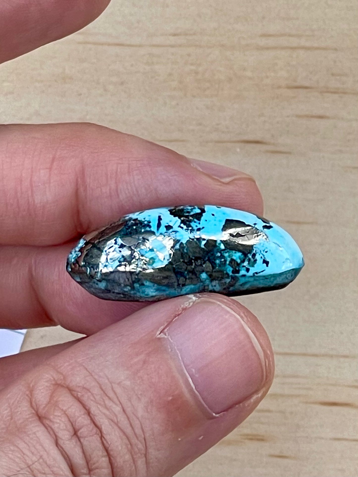Turquoise Cabochon from Kerman Mine, Iran. With Pyrite Crystals. #K1