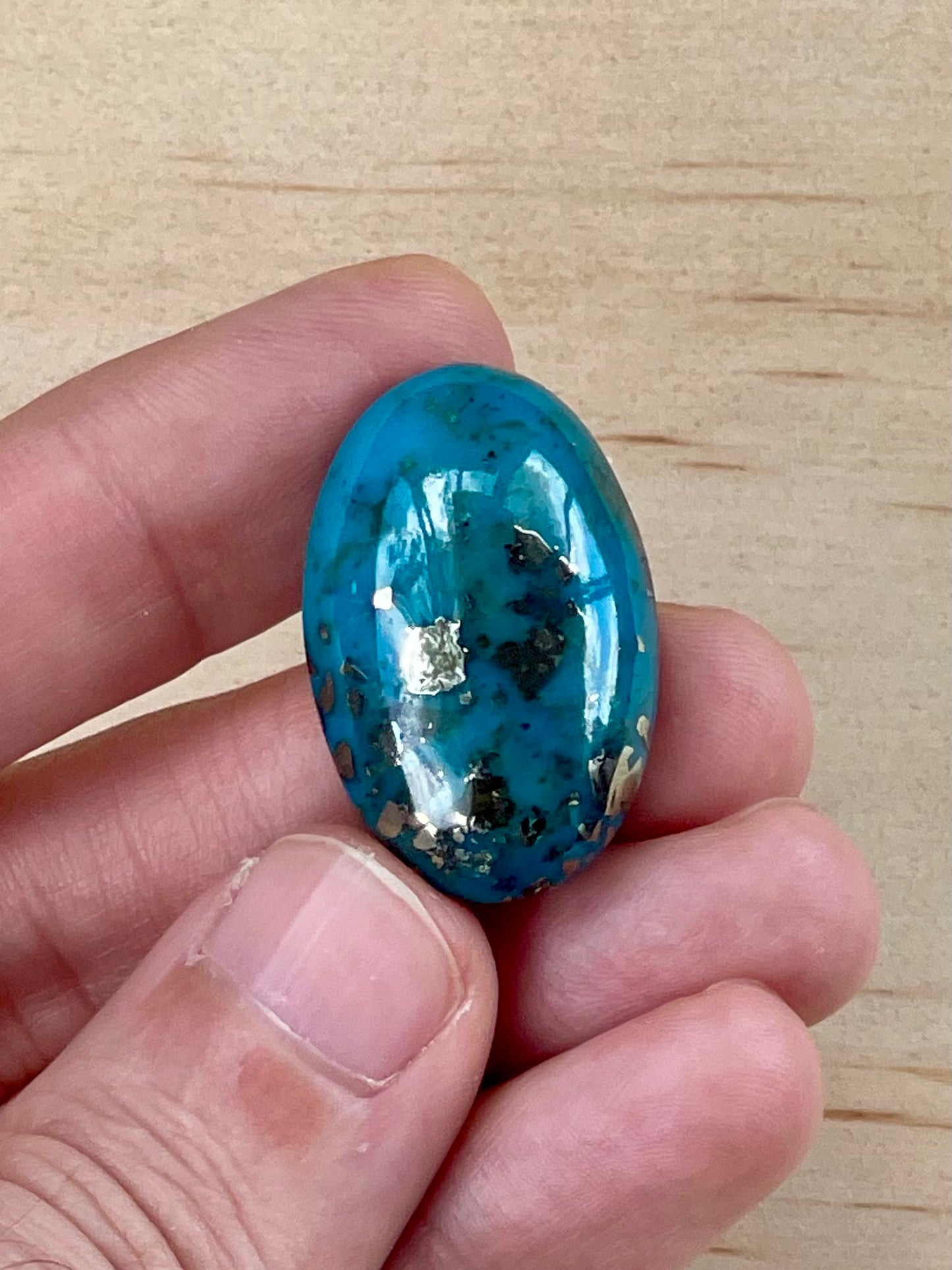 Turquoise Cabochon from Kerman Mine, Iran. With Pyrite Crystals. #K2