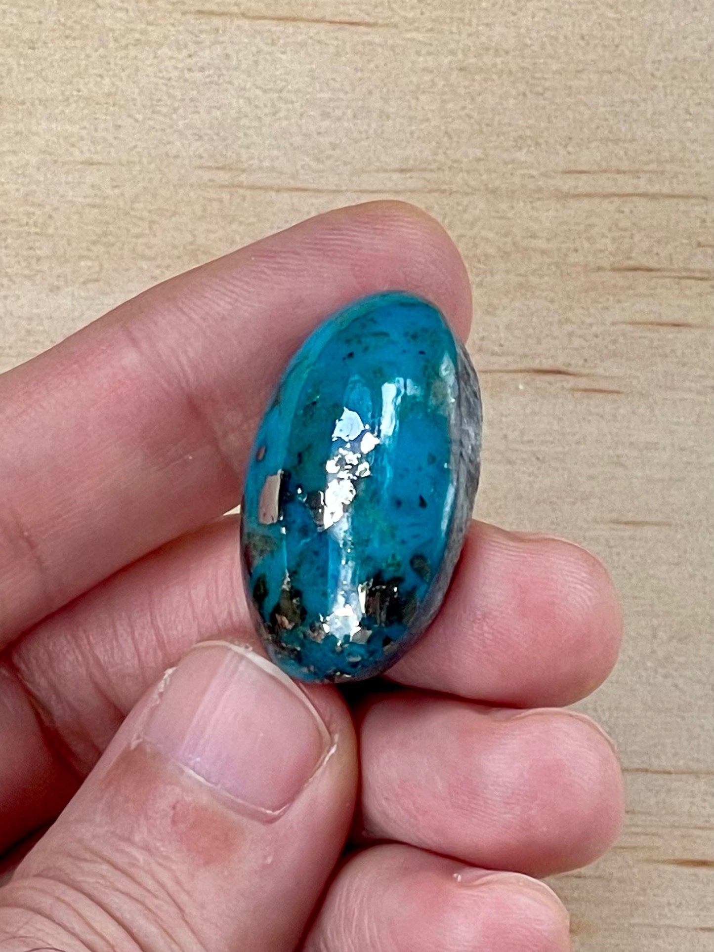 Turquoise Cabochon from Kerman Mine, Iran. With Pyrite Crystals. #K2