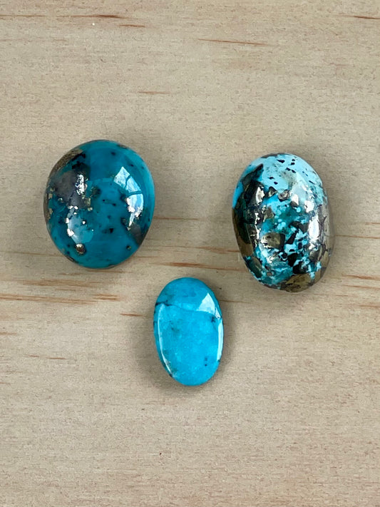 Pack of Three Turquoise Cabochon Stones from Kerman Mine, Iran. With Pyrite Crystals. #K3
