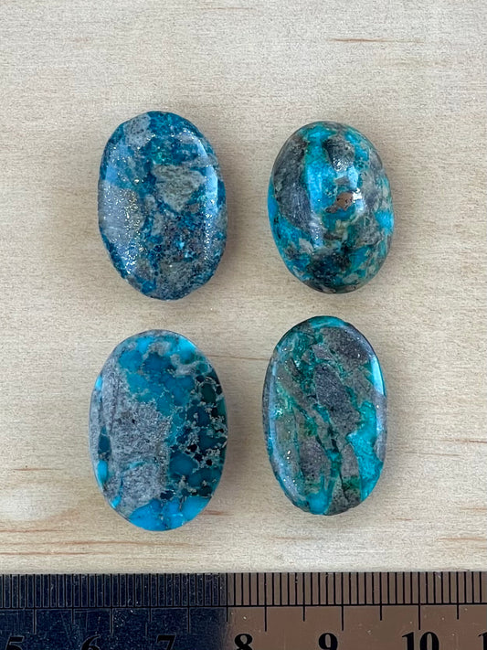 Four 4 Turquoise Cabochon Loose Stones from Kerman Mine, Iran. With Pyrite Crystals. #K6