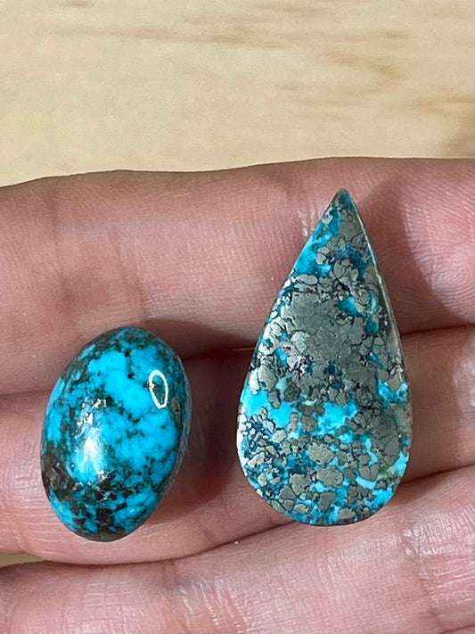 2 Amazing Turquoise Stones from Kerman Mine, Iran. With Golden Pyrite (#K14)