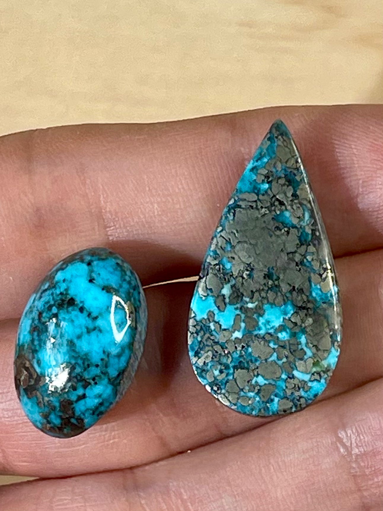 2 Amazing Turquoise Stones from Kerman Mine, Iran. With Golden Pyrite (#K14)