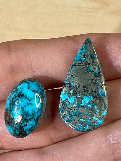 2 Amazing Turquoise Stones from Kerman Mine, Iran. With Golden Pyrite (#K14)
