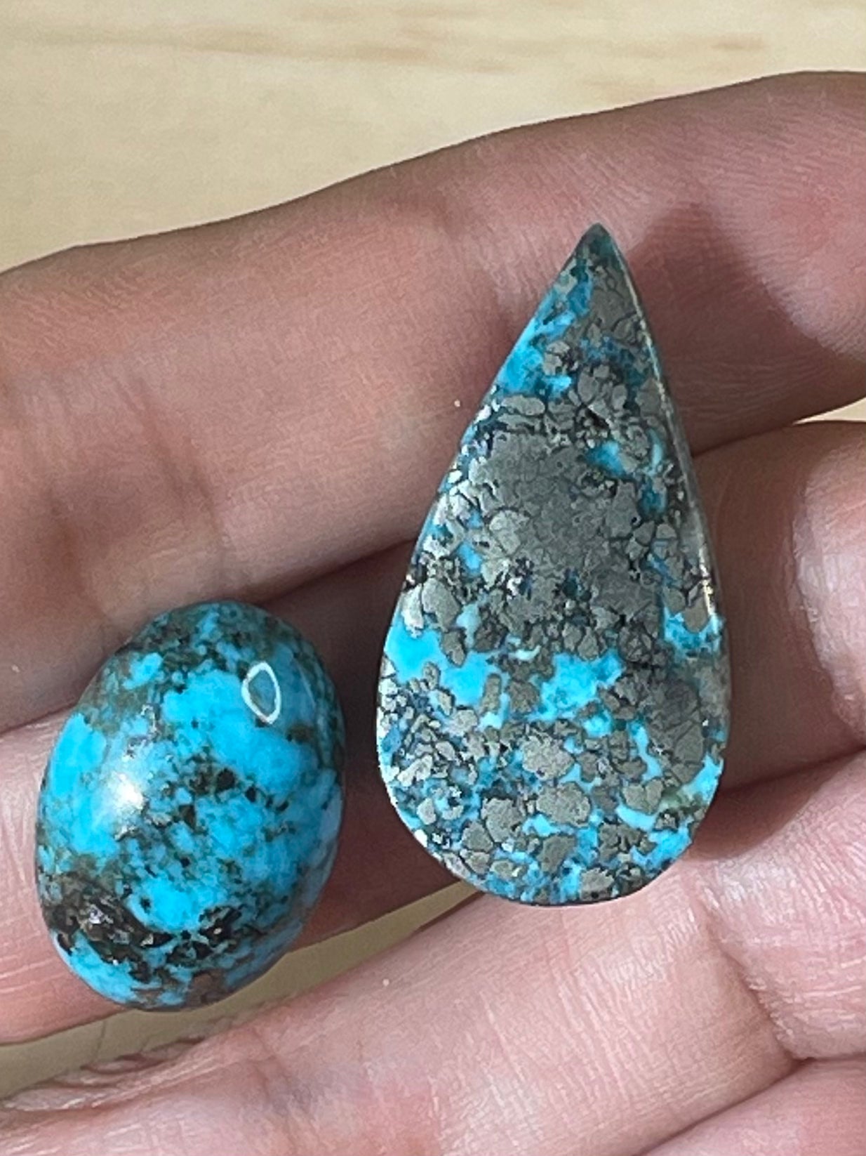 2 Amazing Turquoise Stones from Kerman Mine, Iran. With Golden Pyrite (#K14)