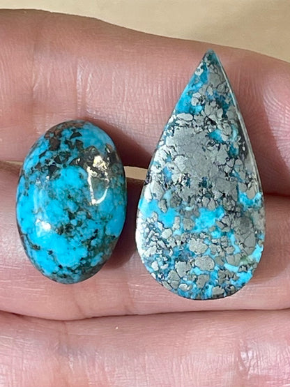2 Amazing Turquoise Stones from Kerman Mine, Iran. With Golden Pyrite (#K14)