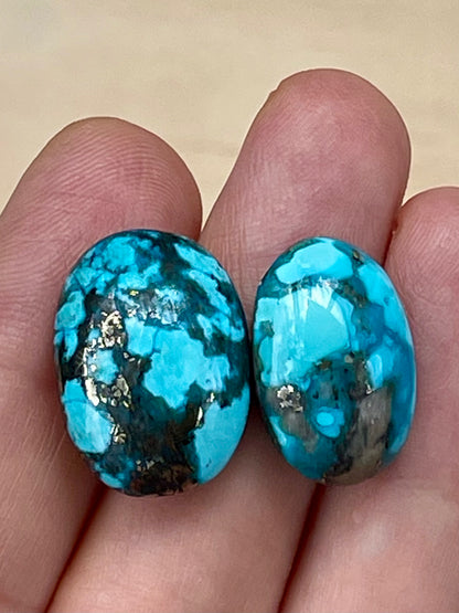 2 Amazing Turquoise Stones from Kerman Mine, Iran. With Golden Pyrite (#K18)