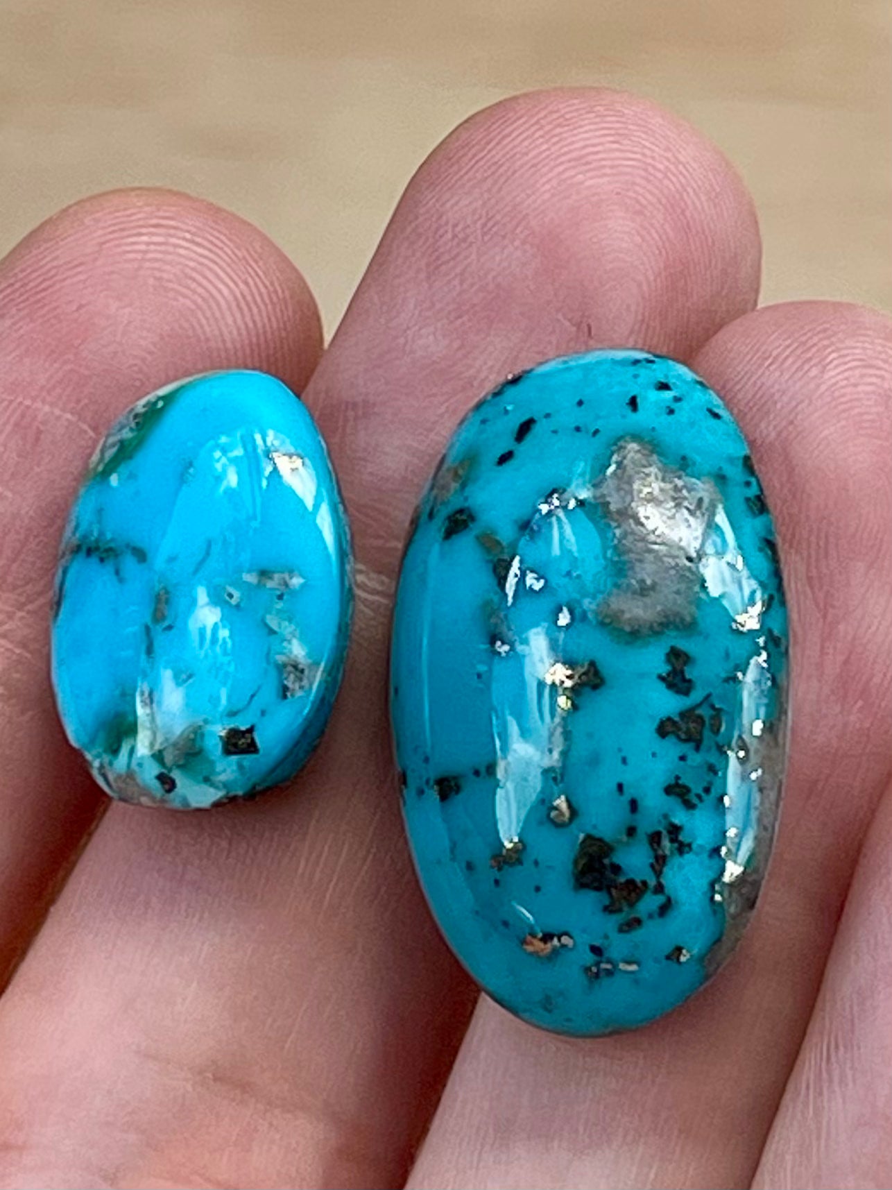 2 Lovely Turquoise Stones from Kerman Mine, Iran. With Golden Pyrite (#K27)