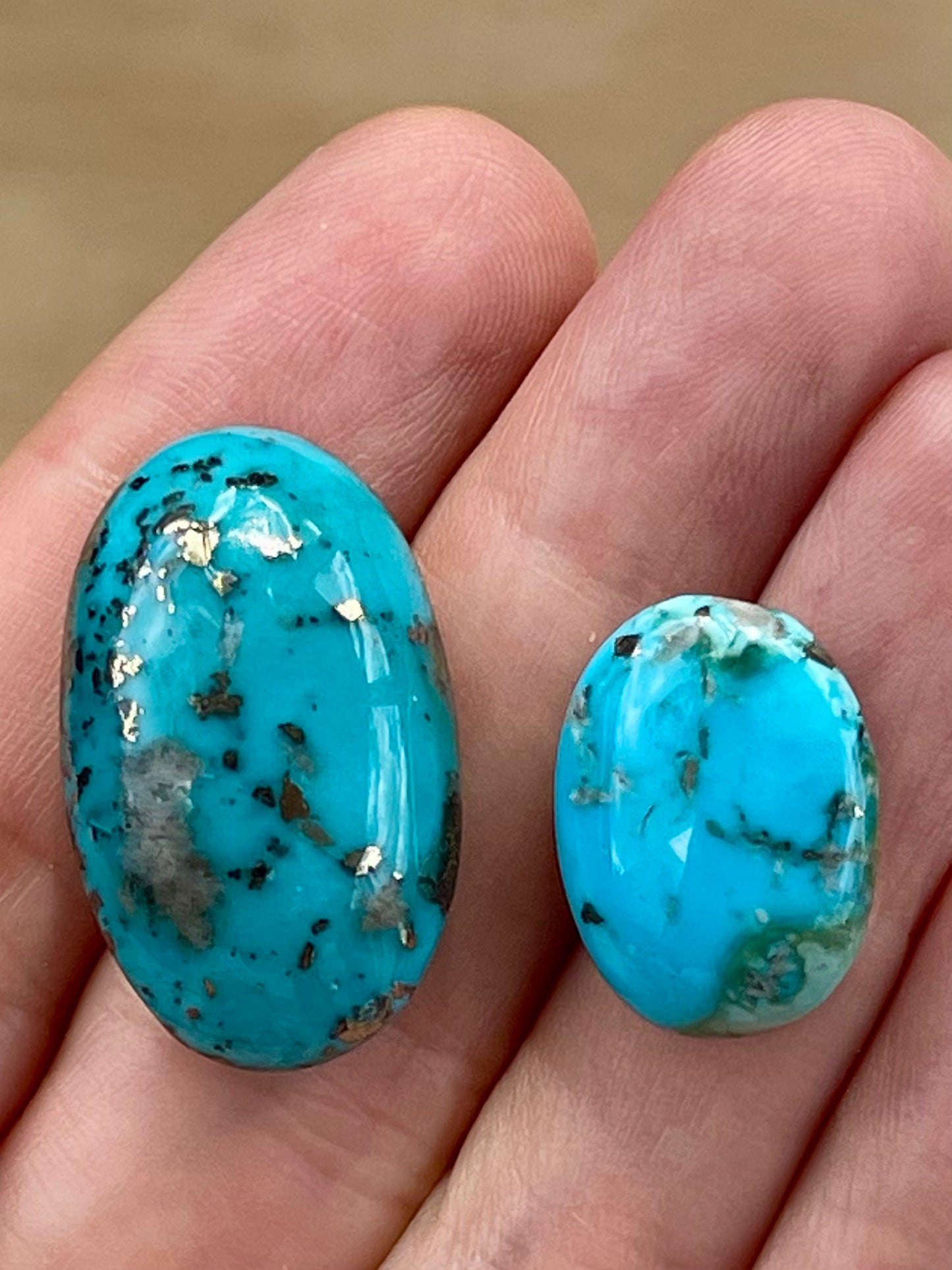 2 Lovely Turquoise Stones from Kerman Mine, Iran. With Golden Pyrite (#K27)