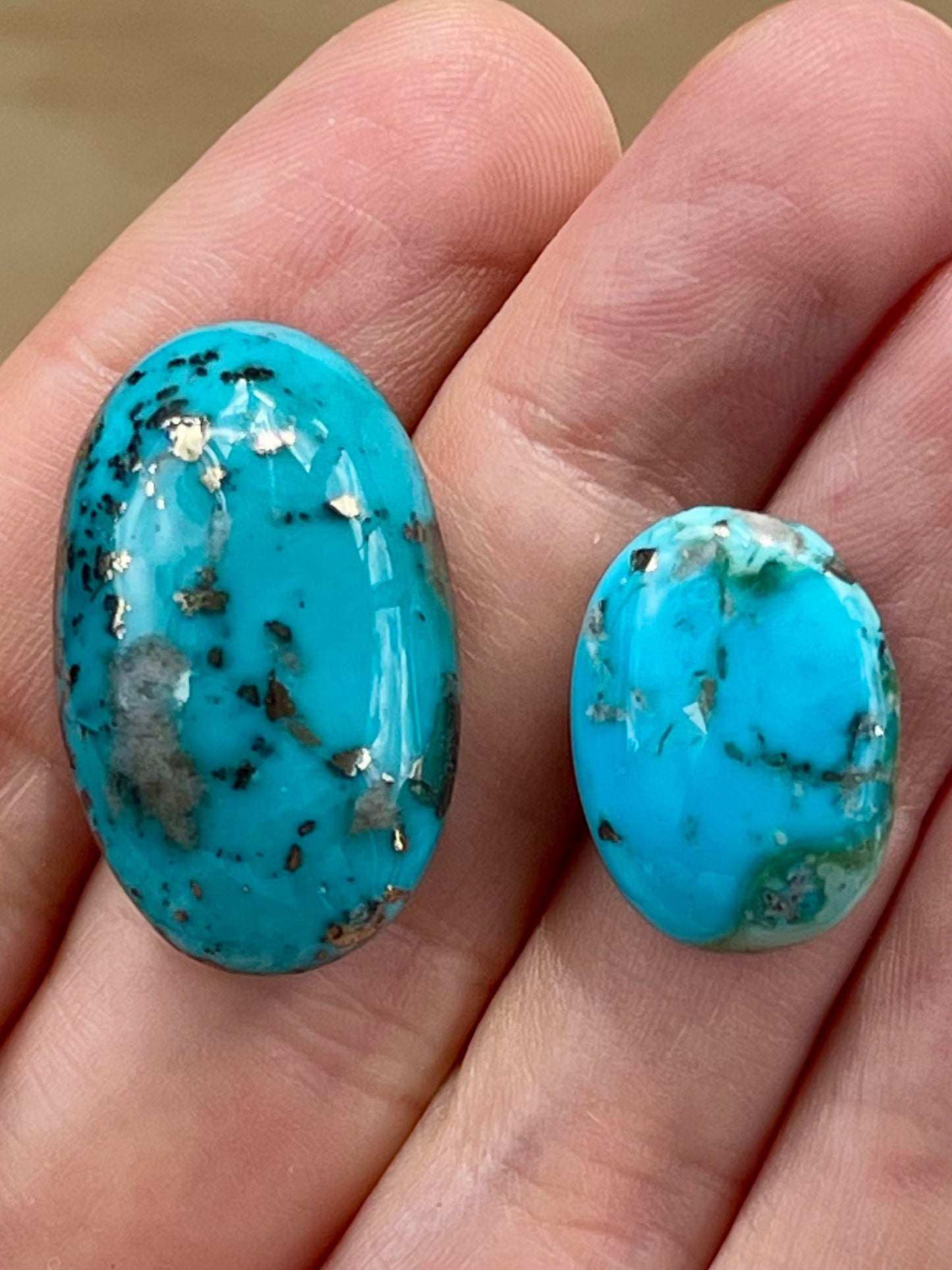 2 Lovely Turquoise Stones from Kerman Mine, Iran. With Golden Pyrite (#K27)