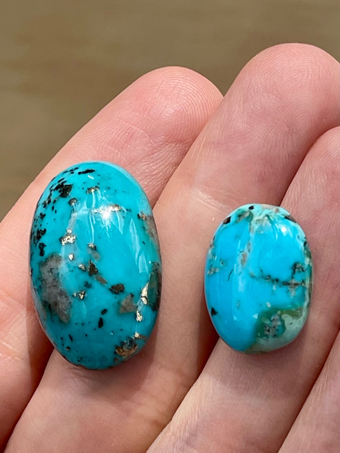 2 Lovely Turquoise Stones from Kerman Mine, Iran. With Golden Pyrite (#K27)
